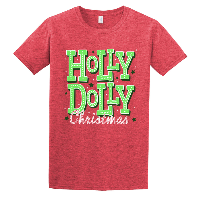 BRIGHT CHRISTMAS GREEN SCREENPRINT GILDAN HEATHER RED T-SHIRT CHRISTMAS ROPE FONT DARK GREEN STARS HOLLY DOLLY PARTON TEXAS GRAPHIC T-SHIRT