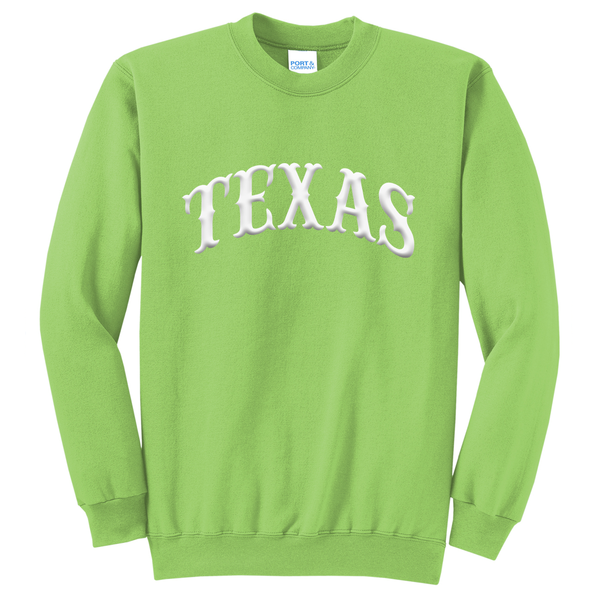 TEXAS PUFF SCREENPRINT ON A GILDAN CREWNECK FLEECE SWEATER WESTERN STYLE LIGHT GREEN COLOR WITH A WHITE INK ARCH TEXAS GRAPHIC