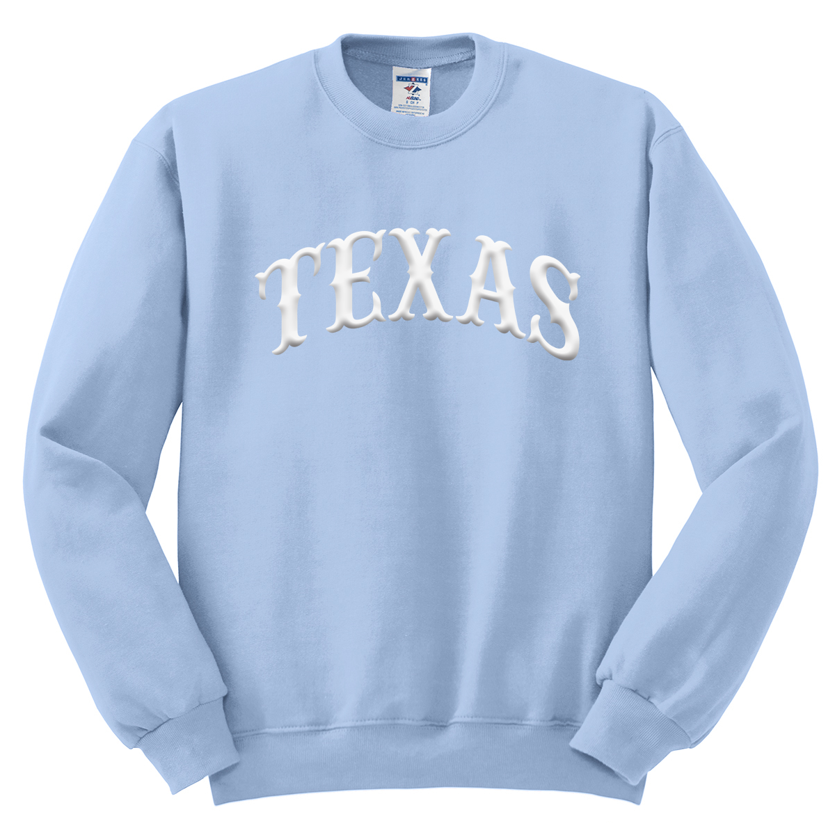 TEXAS PUFF SCREENPRINT ON A GILDAN CREWNECK FLEECE SWEATER WESTERN STYLE LIGHT BLUE COLOR WITH A WHITE INK ARCH TEXAS GRAPHIC