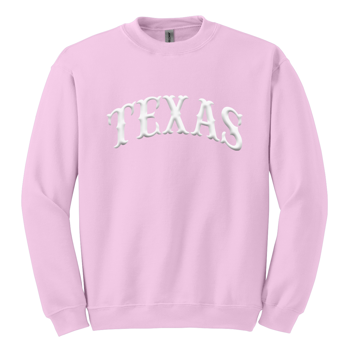 TEXAS PUFF SCREENPRINT ON A GILDAN CREWNECK FLEECE SWEATER WESTERN STYLE LIGHT PINK COLOR WITH A WHITE INK ARCH TEXAS GRAPHIC