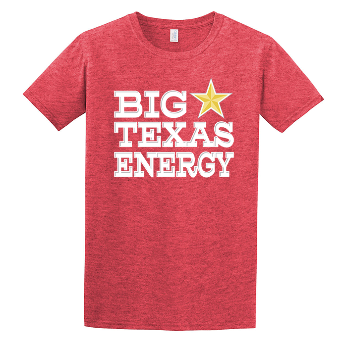 Big Texas Energy, Lonestar Beer, Red T-shirt made to look like LoneStar with a gold star, white writing, and grey accents, softstyle Gildan, heathered look, texas style graphic tshirts, screen printed plastisol, 100% cotton