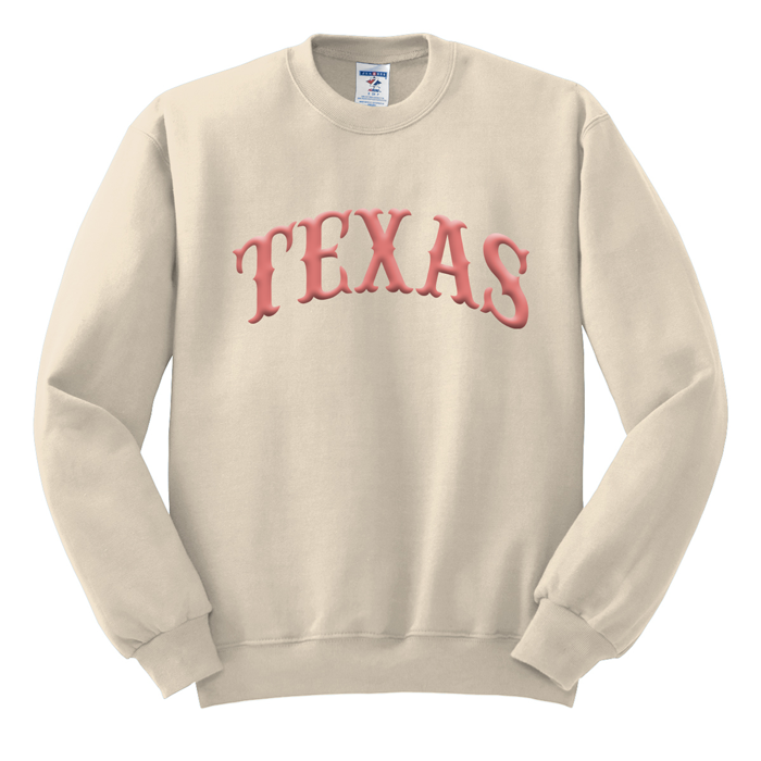 TEXAS PUFF SCREENPRINT ON A GILDAN CREWNECK FLEECE SWEATER WESTERN STYLE NATURAL SAND COLOR WITH A CORAL RED PINK INK ARCH TEXAS GRAPHIC