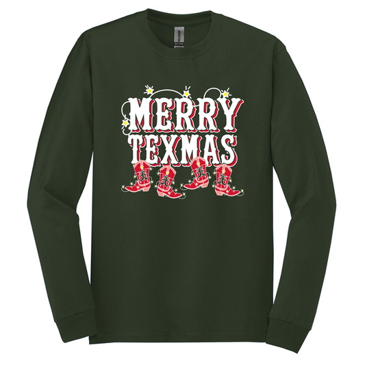 MERRY TEXMAS DECORATED BOOTS DANCING ALONG THE BOTTOM SURROUNDED BY STAR SHAPED TWINKLING LIGHTS SCREENPRINTED ON A DARK FOREST GREEN GILDAN LONGSLEEVE RED AND WHITE AND YELLOW TEXAS GRAPHIC ON A FUN CHRISTMAS T-SHIRT