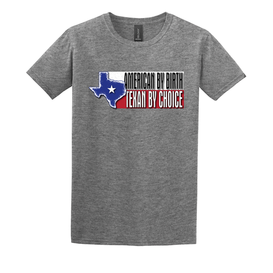 american by birth texas by choice printed in a flag spin off grunge look screenprinted on a grey softstyle heathered gildan t-shirt texas shape flag shadows tee