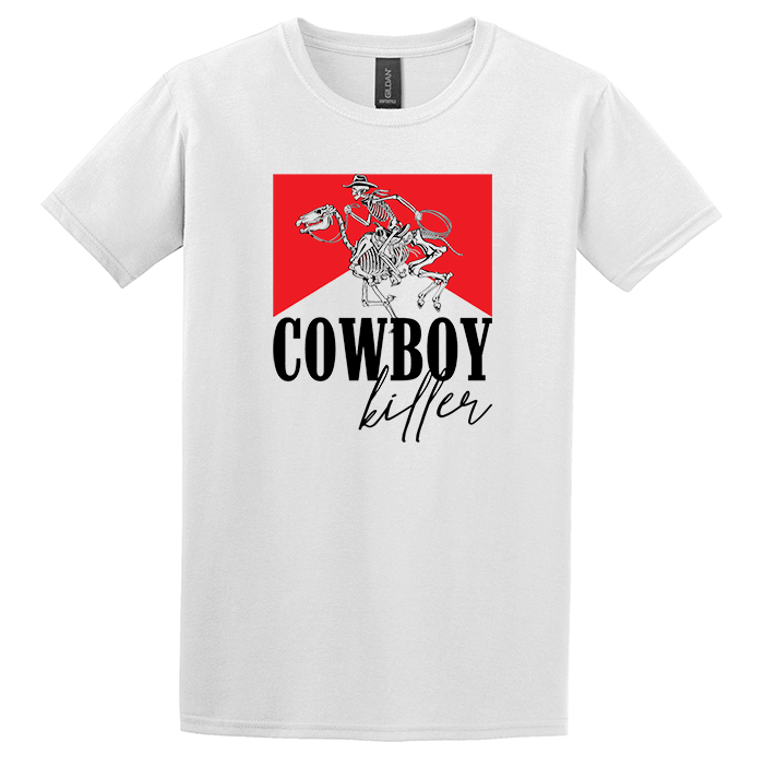 cowboy killer printed on softstyle gildan texas graphic t-shirt. Red marlboro styed look with a skeleton cowboy riding a skeleton horse roping