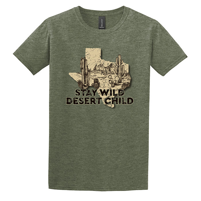 Gildan softstyle t-shirt screenprinted with stay wild desert cactus child east texas wandering cowgirl design. tan and dark brown rustic heathered vintage graphic texas tee