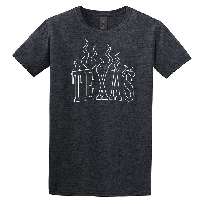 texas flame outline grunge look heathered black t-shirt white screenprint gildan softstyle t-shirt stencil