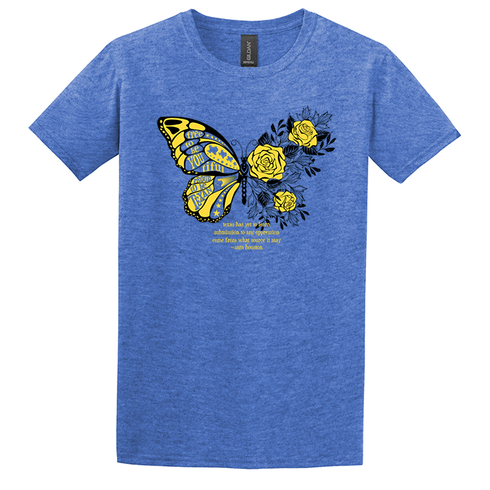 Gildan softstyle t-shirt, texas butterfly with yellow roses, proud to be texan, free to be you tiful, black and yellow screen printed ink stars sam houston quote texas has yet to learn submission to any oppression come from what source it may.