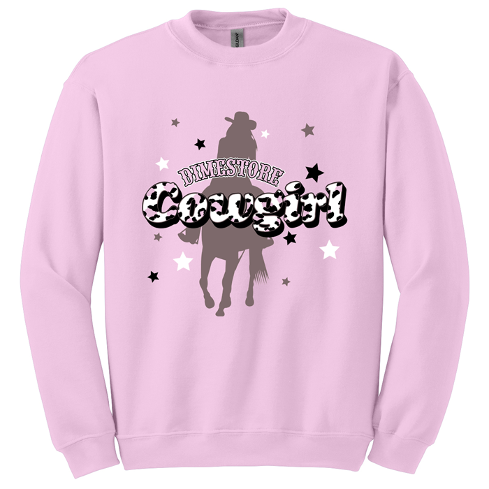 WHITE AND BLACK GRADIENT SCREENPRINTED ON A GILDAN CREWNECK FLEECE SWEATSHIRT LEOPARD DIMESTORE COWGIRL ON A HORSE WITH STARS SURROUNDING PINK