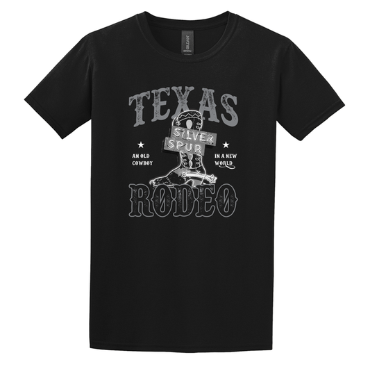 texas rodeo graphic t-shirt grayscale screenprint design neon sign silver spur boot old hotel sign old cowboy in a new world vintage grunge fade worn look